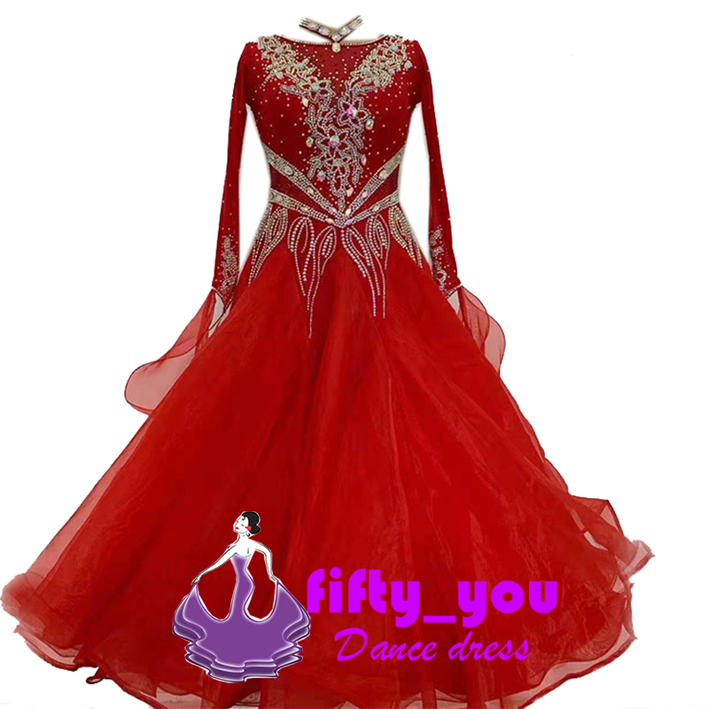 新品fifty_you　セミオーダードレス レディース社交ダンス衣装 サイズオーダー 競技発表用ダンスドレス 素敵良品 ライトストーン飾り 赤