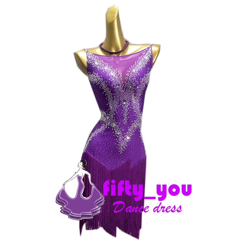 新品fifty_you　セミオーダードレス レディース社交ダンス衣装 高級品 競技発表用ダンスドレス ラテンドレス 輝きライトストーン飾り 紫色