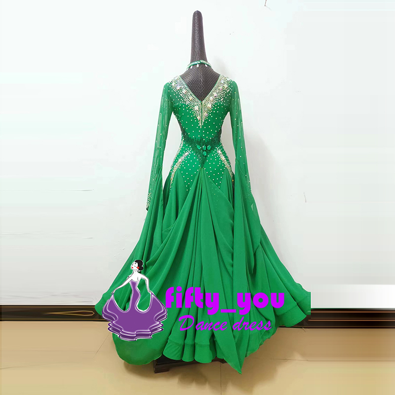 新品fifty_youハイクオリティダンスドレス モダン競技ドレス レディース社交ダンス衣装 サイズセミオーダー ライトストーン飾り 緑 新品fifty_you セミオーダードレス レディース社交ダンス衣装