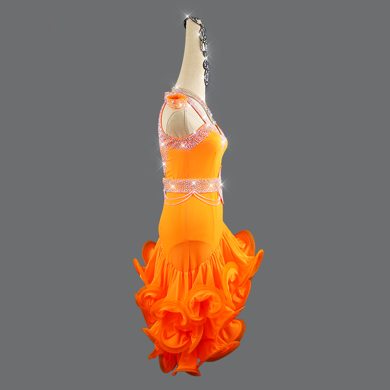 新作　レディース社交ダンス衣装　競技試合モダンラテンドレス　サイズ調整可　キラキラ飾り　オレンジ　品番163_画像5
