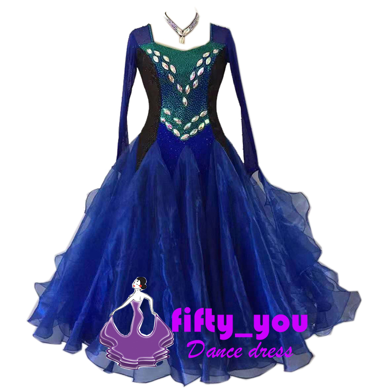 新品fifty_you　セミオーダードレス レディース社交ダンス衣装 サイズオーダー 競技発表用ダンスドレス 素敵良品 ライトストーン飾り 青色