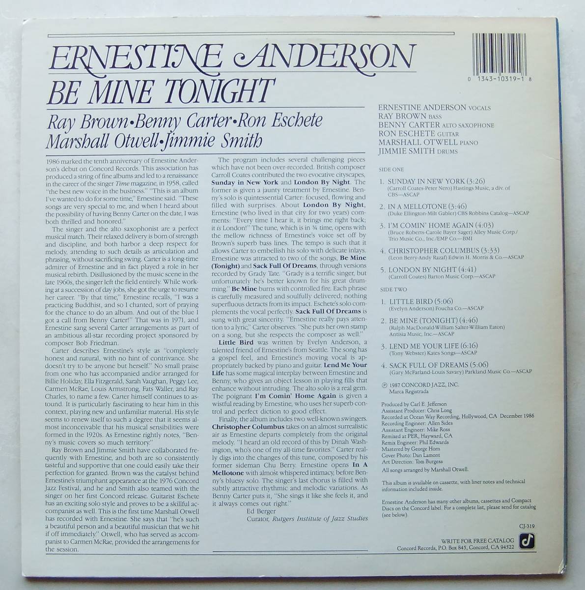 ◆ ERNESTINE ANDERSON / Be Mine Tonight ◆ Concord Jazz CJ-319 (promo) ◆_画像2