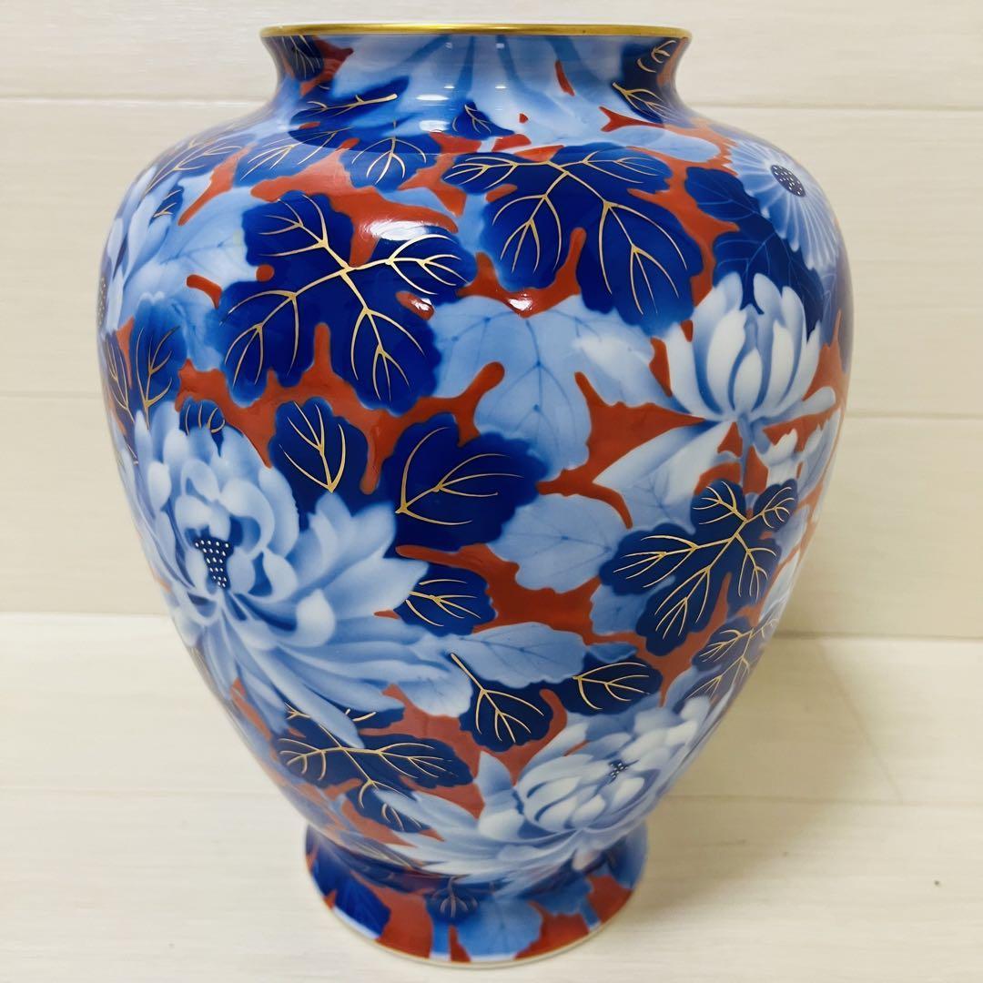 花瓶 新品 骨董品 宮内庁御用達 深川製 有田焼 菊の花 金彩 絵付け 桐箱付き