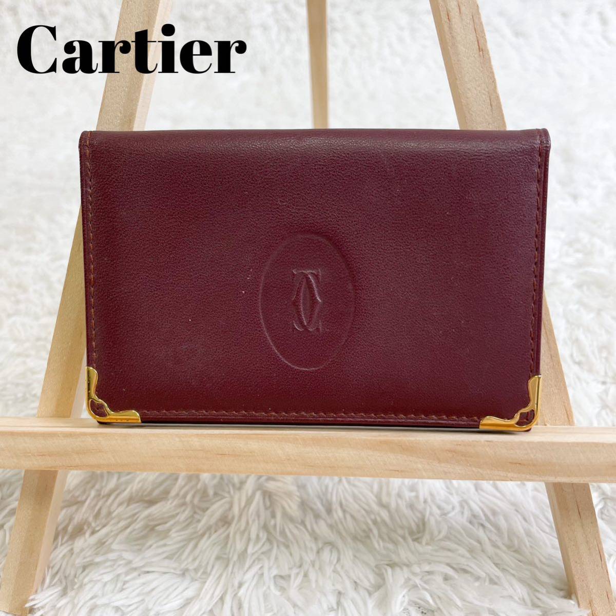 カルティエ　カードケース　レザー　ボルドー エンボスロゴ　Cartier 名刺入れ 定期入れ 2C_画像1