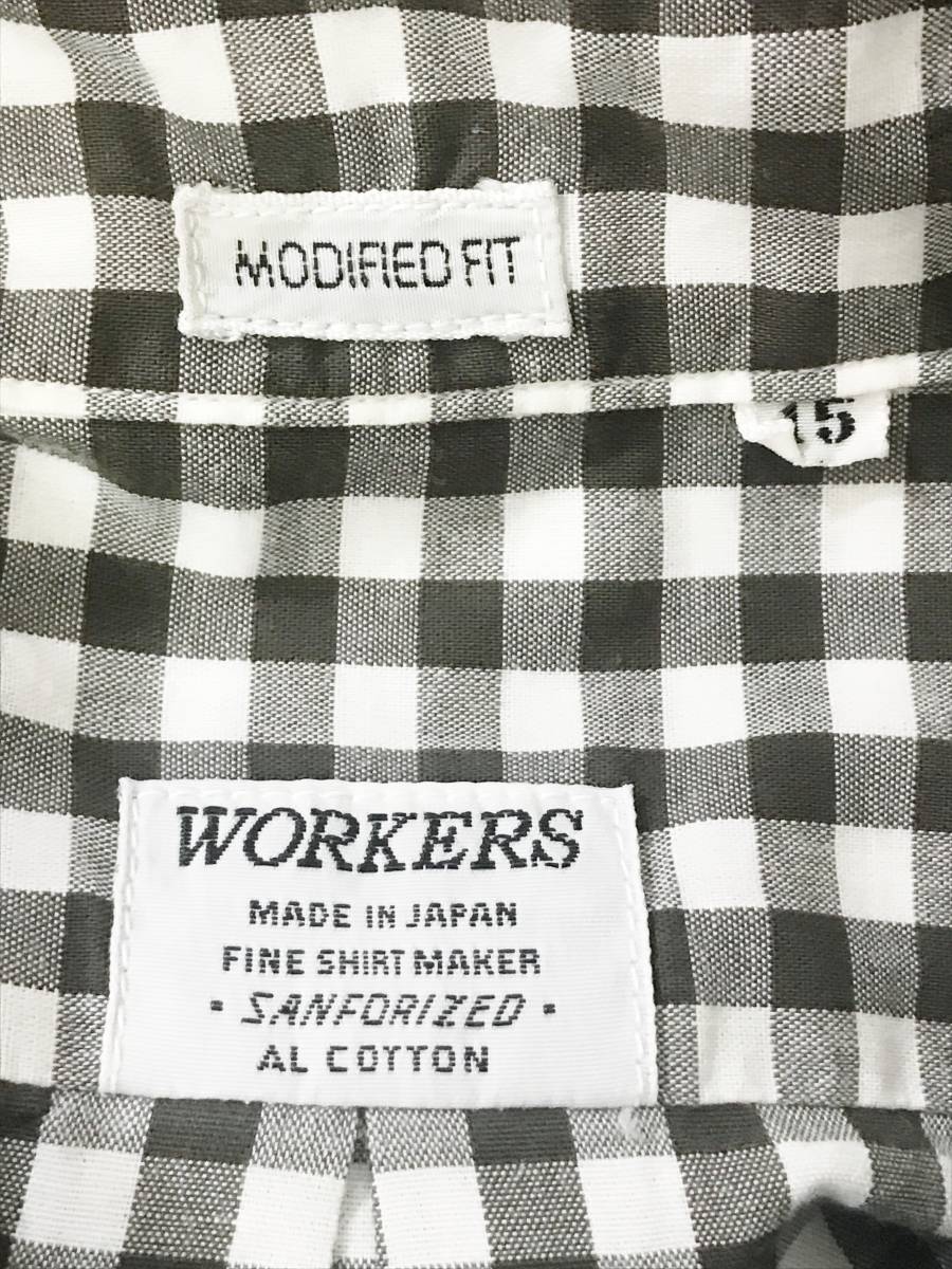 日本製 WORKERS ワーカーズ MODIFIED FIT 隠しボタンダウン ギンガムチェック長袖シャツ 15 オリーブブラウン/ホワイト_画像6