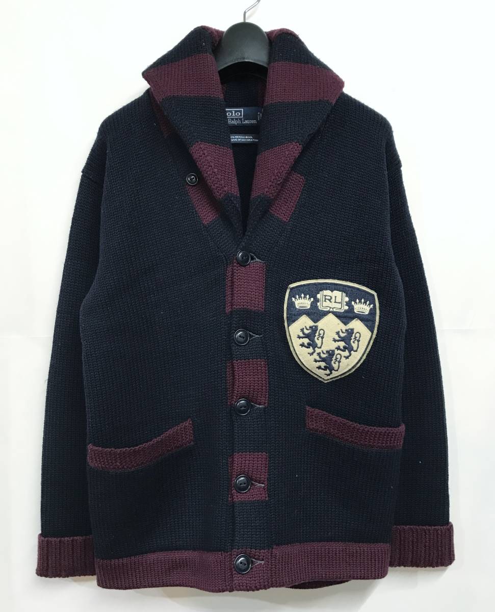 POLO RALPH LAUREN ラルフローレン ショールカラー ワッペン 肉厚 ニットカーディガン S ネイビー