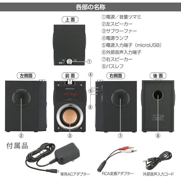 一体型スピーカー（最大総合出力11W/3スピーカー搭載/重低音再生/ブラック）ASP-593Z オーム電機 左右スピーカー_画像3