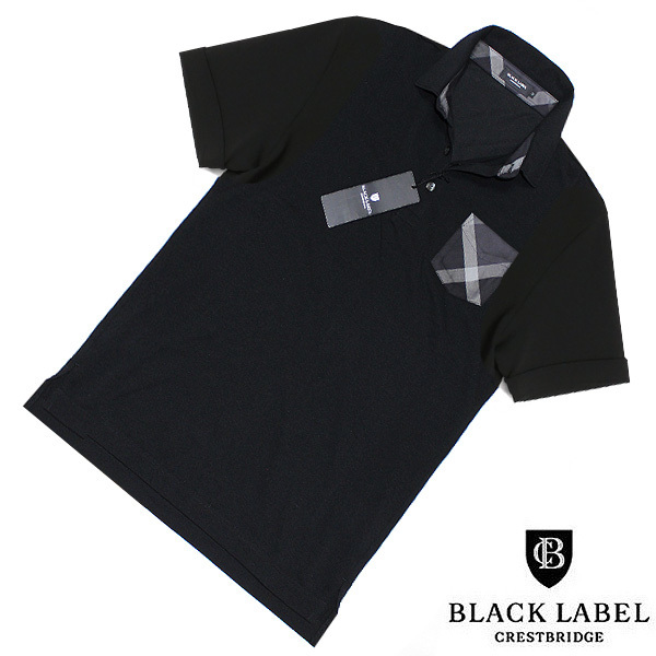 定価1.6万！M(2) 新品 ブラックレーベル クレストブリッジ Coolmaxクールマックス 胸ポケット 半袖ポロシャツ 黒■BLACK LABEL CRESTBRIDGE