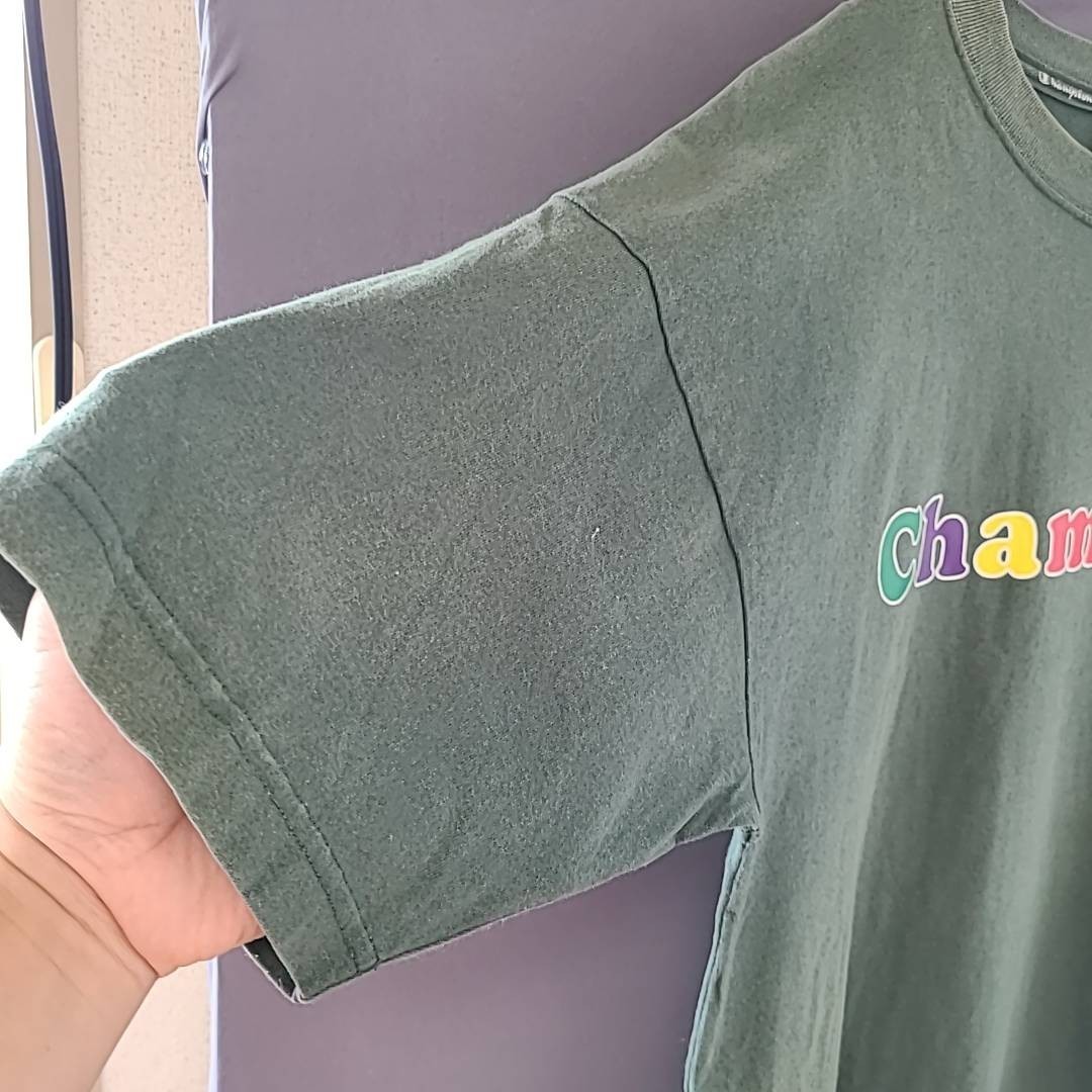 ビンテージ Champion チャンピオン 緑 グリーン くすみカラー Tシャツ 綿100％ ロゴプリント ヘインズブランド 男女兼用 半袖Tシャツ_画像3