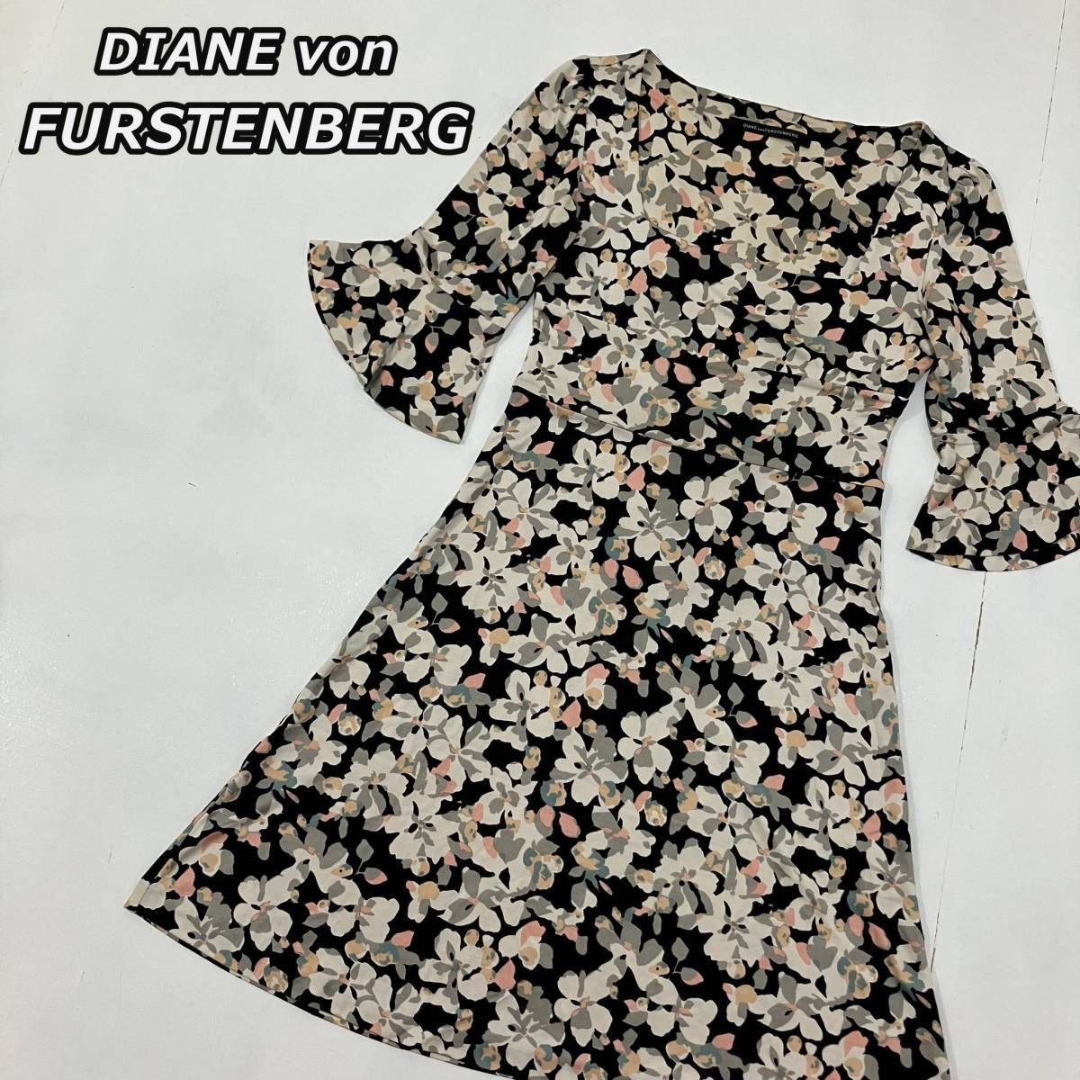 【DIANE von FURSTENBERG】ダイアンフォンファステンバーグ フラワー 花柄 フリル袖 ひざ丈下 ワンピース シルク100％ 404-243817