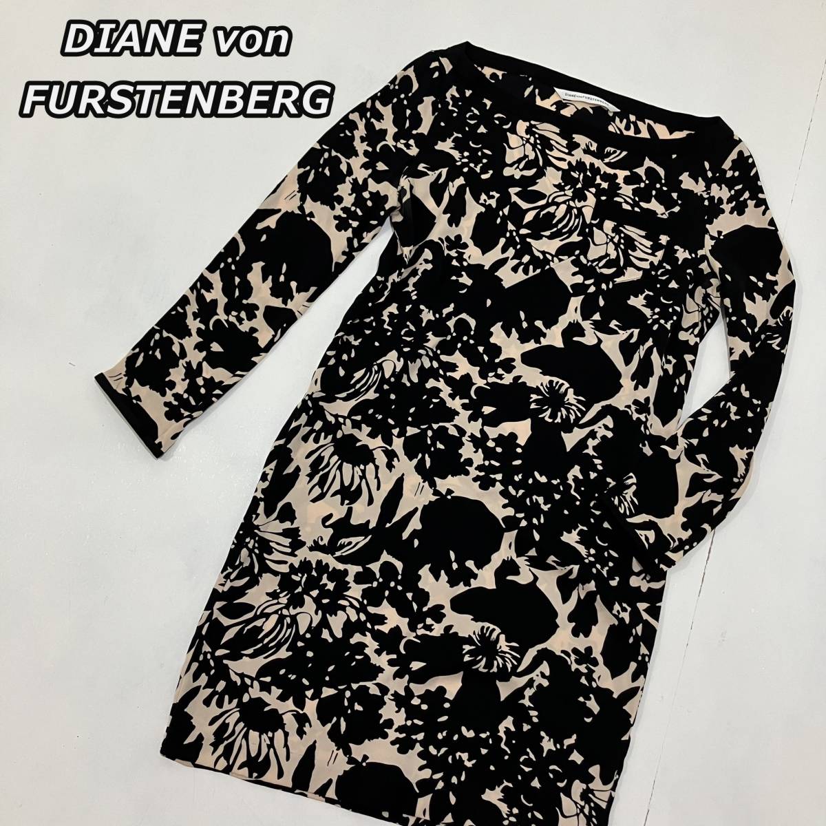 【DIANE von FURSTENBERG】ダイアンフォンファステンバーグ 花 草 フラワー リーフ ワンピース バスク 長袖 ひざ下丈 416-146012_画像1