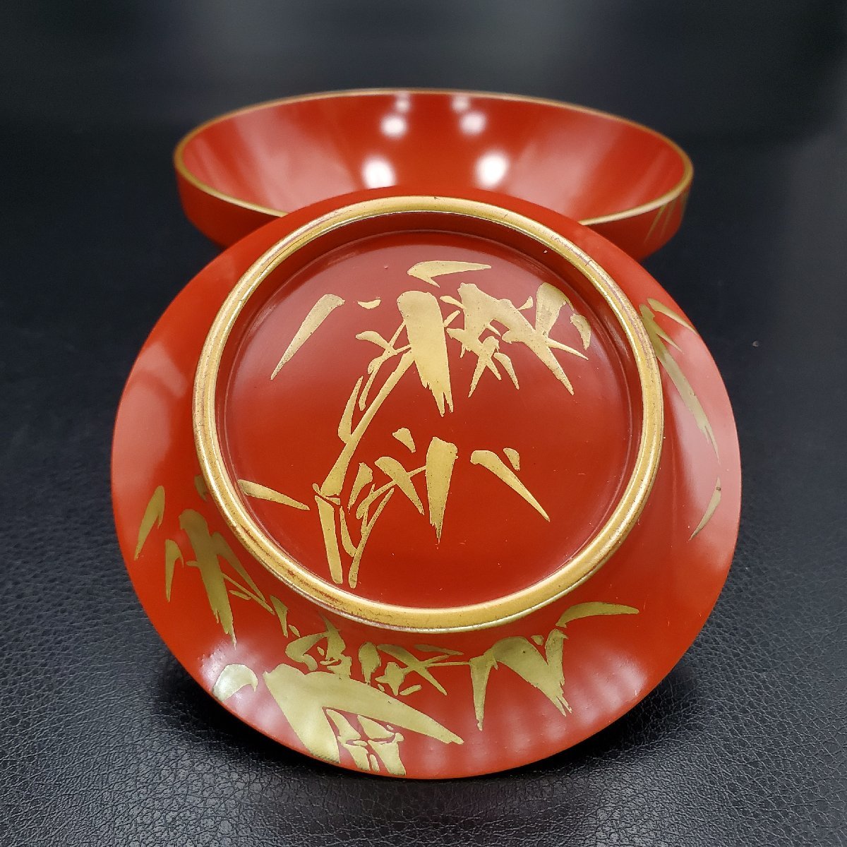【宝蔵】 時代漆器 朱塗 縁金 笹蒔絵 吸物椀 汁椀 御椀 蓋付椀 10客 10.5cm 懐石道具 天然木 漆塗り 漆芸 時代箱