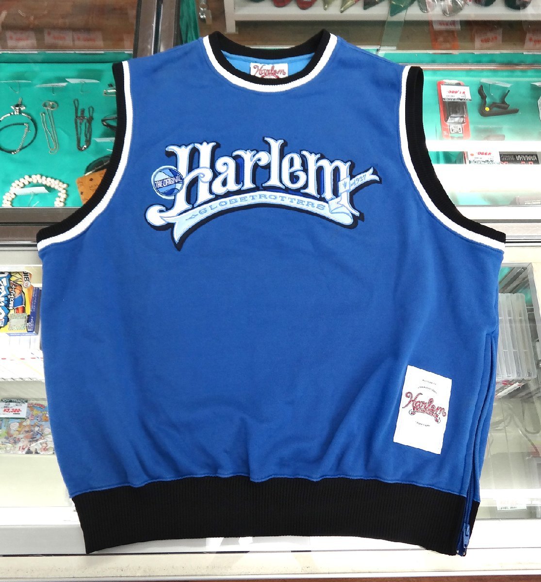 中古 PLATINUM FUBU/プラチナム フブ Harlem globetrotters ハーレムグローブトロッターズ ゲームシャツ ブルー サイズXL バスケ ジャージの画像1
