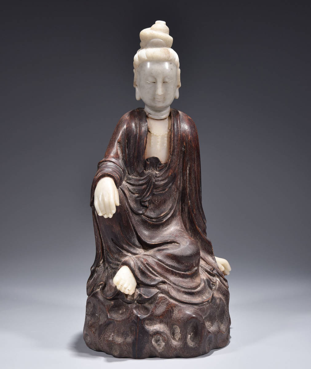 ▽鴻▽仏教古美術清朝時代珍材彫象嵌玉石自在観音仏像非常に良い香り