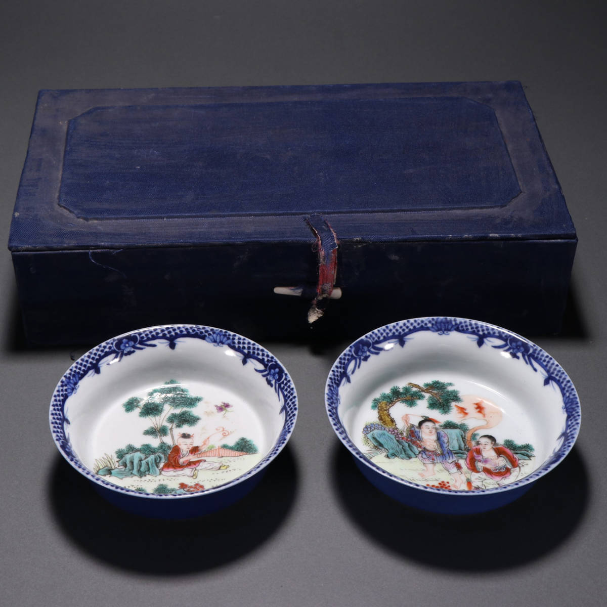 ▽鴻▽清朝時代 陶磁器 藍釉粉彩人物紋碗一対 宣統年製 染付 時代物