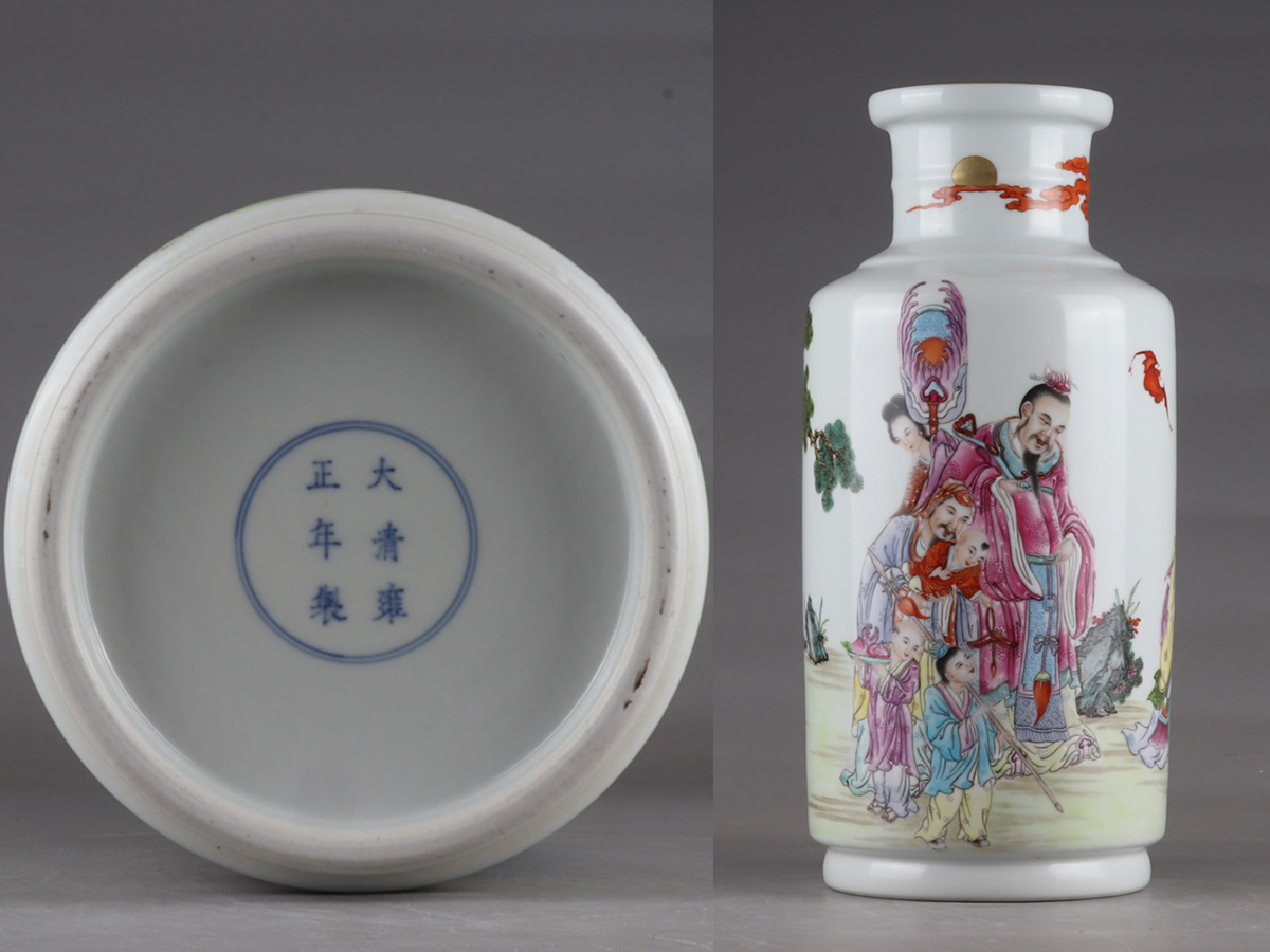 ▽鴻▽清朝時代 陶磁器 雍正年製款 粉彩福禄寿三星瓶 染付 時代物 中国古美術 骨董品