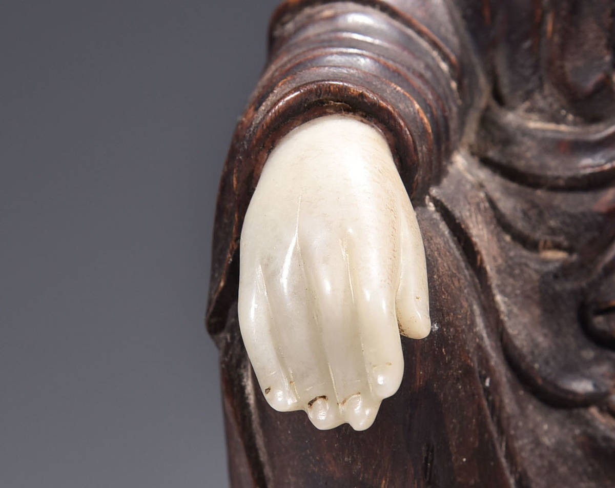 ▽鴻▽仏教古美術清朝時代珍材彫象嵌玉石自在観音仏像非常に良い香り