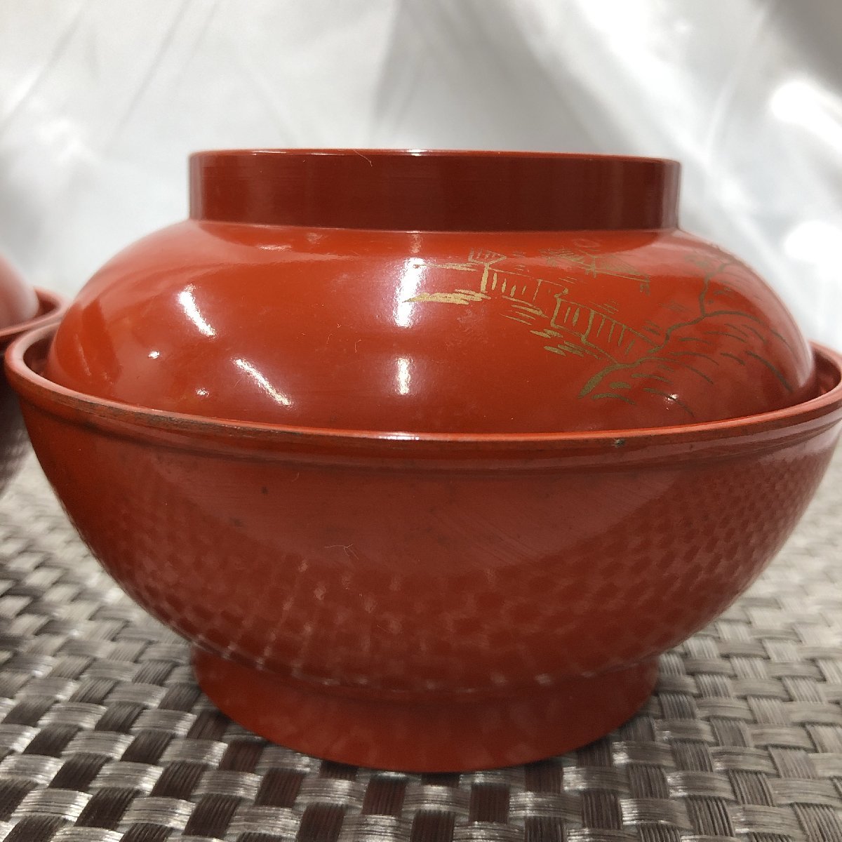 【中古/長期保管品/KSH】お椀 御椀 汁物椀 蓋付椀 朱色 径約12.5cm 和食器 2客セット　MZ1227_画像4