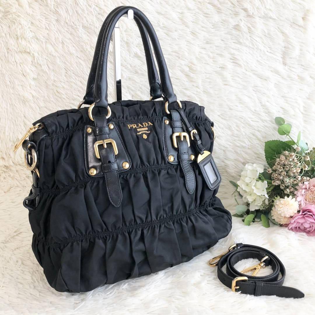 極美品】プラダ ショルダーバッグ 2way ギャザー ナイロン ゴールド