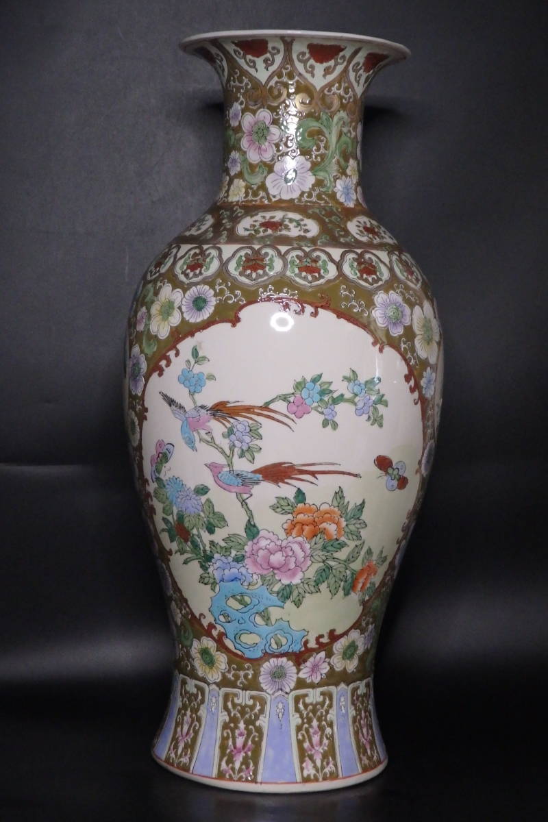 【友】旧家蔵出 陶磁器 景徳鎮製 色絵 花鳥唐草図 花入 花瓶 高さ62cm 中国古玩 唐物 中国美術_画像1