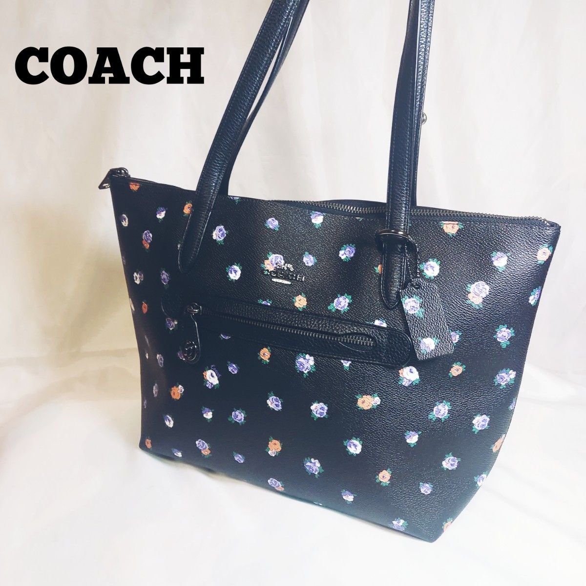 7-50【美品】COACH コーチ トートバッグ76383花柄 黒 ハンドバッグPVC レザー