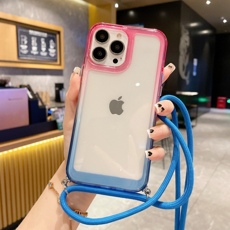 iphone13ケース ピンク/ブルー　スマホケース ショルダータイプ 　携帯ケース　シリコン 斜めがけ ストライプ　透明感　_画像1