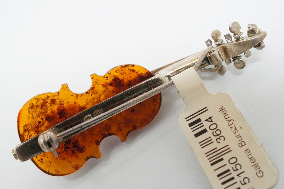 G31●琥珀 こはく バイオリン 弦楽器 デザインブローチ 銀製 SILVER925刻印 シルバー アンティーク アクセサリー デッドストックの画像4