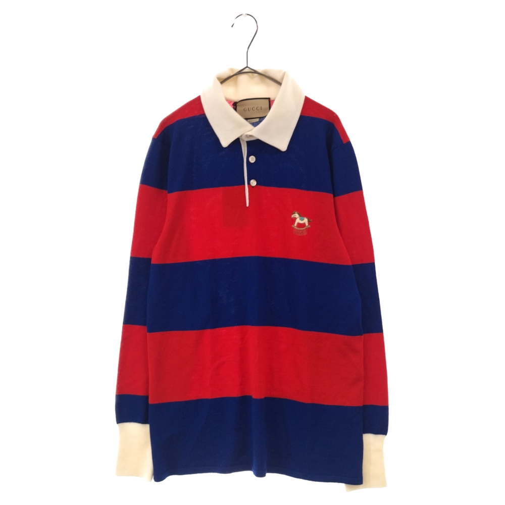 GUCCI グッチ STRIPED WOOL POLO 673844 ストライプ ウール ポロシャツ 長袖セーター ブルー/レッド