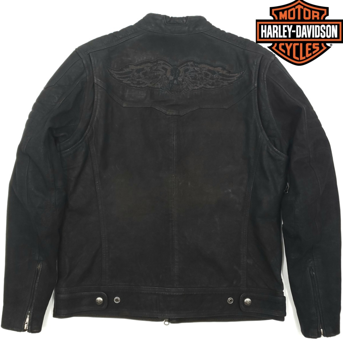 限定品！スカル刺繍◆HARLEY-DAVIDSON◆バッファローレザーライダースジャケットメンズM黒ハーレーダビッドソン本皮シングル本革ジャン 670