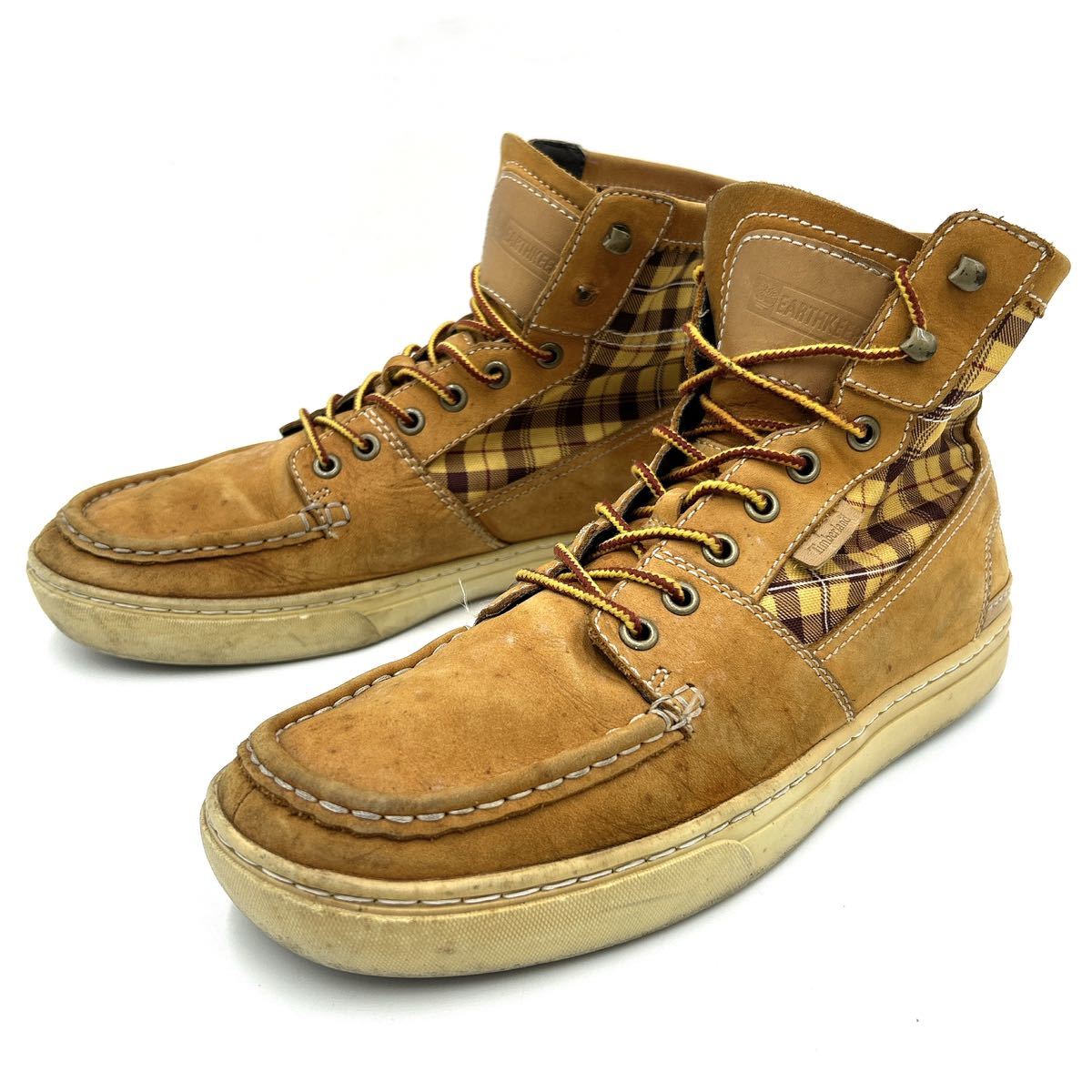 B @ 人気モデル '履き心地抜群'『Timberland ティンバーランド』チェック柄 切り替え LETHER ハイカット スニーカー US8.5 26.5cm 73194_画像1