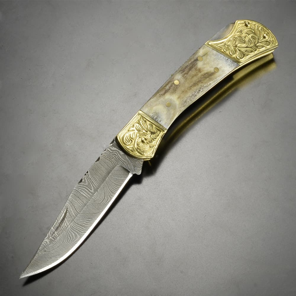 希少！！】 折りたたみナイフ Damascus 鹿角 フォールディングナイフ