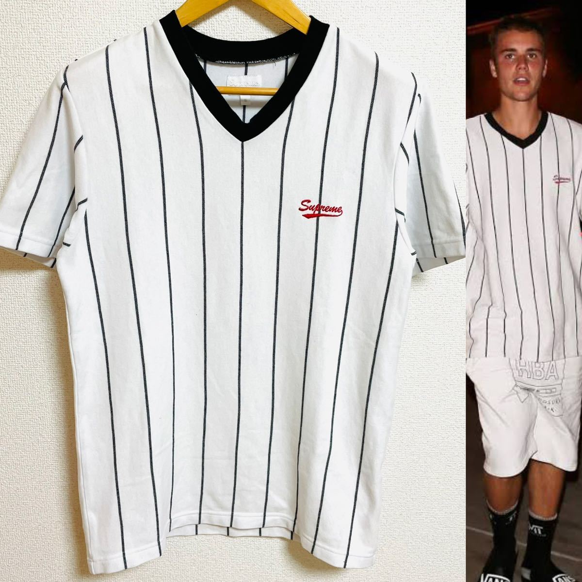 Supreme Pinstripe Soccer Top Tee White S 16ss 2016年 白 ホワイト ピンストライプ サッカー スクリプトロゴ ジャスティンビーバー着_画像1