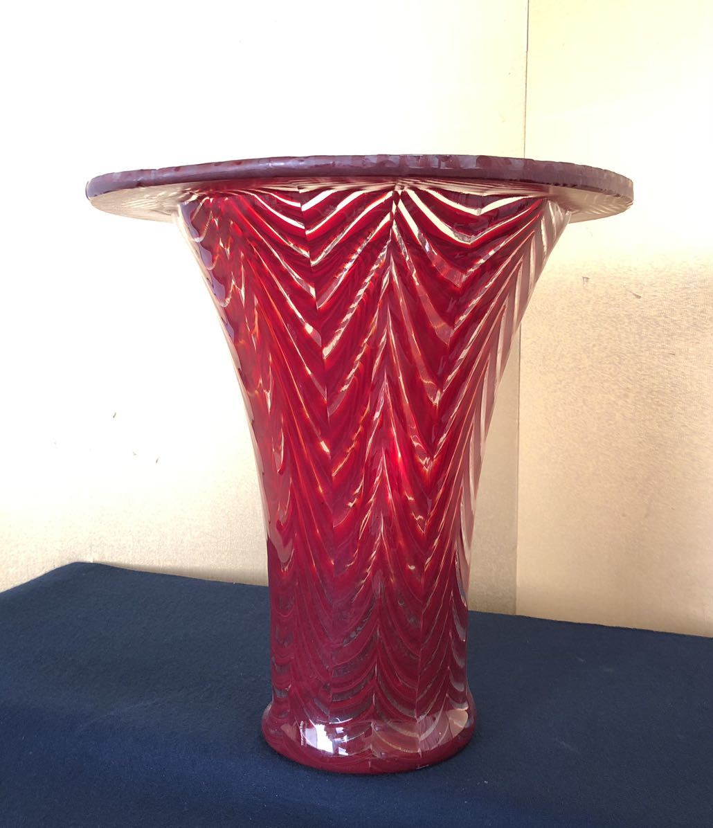 《R》和ガラス かきあげ赤透明 特大 花瓶 フラワーベース 時代（230720K1）_画像7