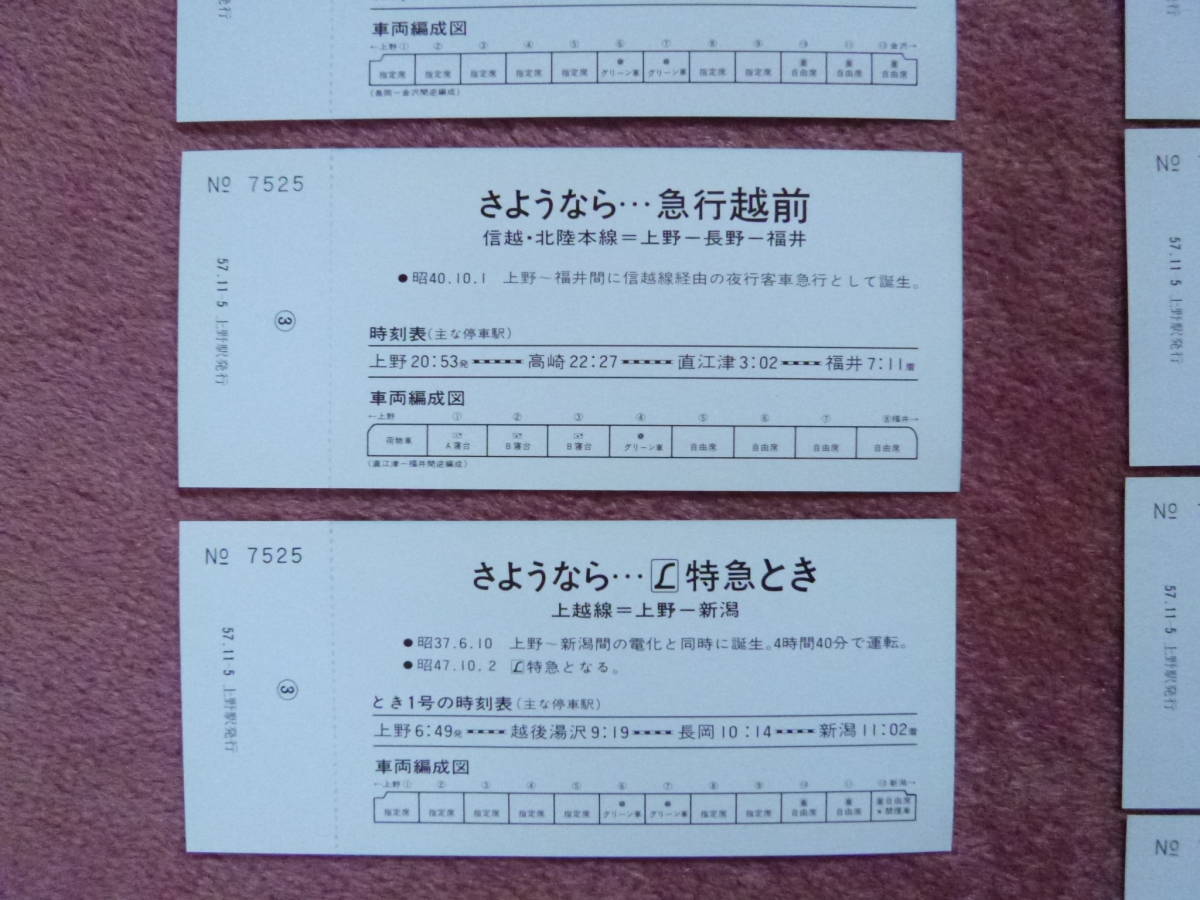 さよなら列車記念[上野駅]入場券2種セット(国鉄/東京北鉄道管理局/昭和57年11月14日/ひばり/みちのく/北星/新星/とき/はくたか/急行越前)