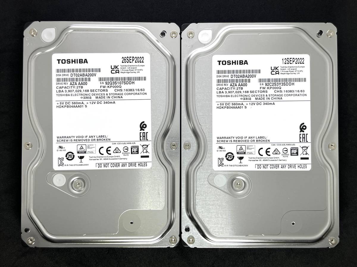 【送料無料】 2個セット ★ 2TB ★　DT02ABA200V / TOSHIBA 【使用時間：33 h＆ 22 h】2022年製 稼働極少 3.5インチ内蔵HDD AVコマンド対応_画像1