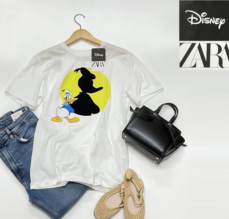 未使用品 /S/ ZARA Disney ホワイト ドナルド半袖Tシャツ レディース タグ カジュアル トップス ディズニー 大人可愛いレジャー コラボザラ_画像1