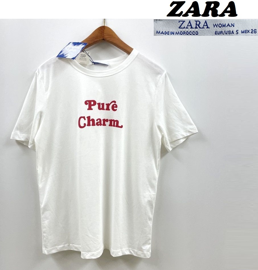未使用品 /S/ ZARA ホワイト グラフィック 半袖Tシャツ レッドロゴ レディース タグ カジュアル トップス 大人可愛いガーリーデイリー ザラ
