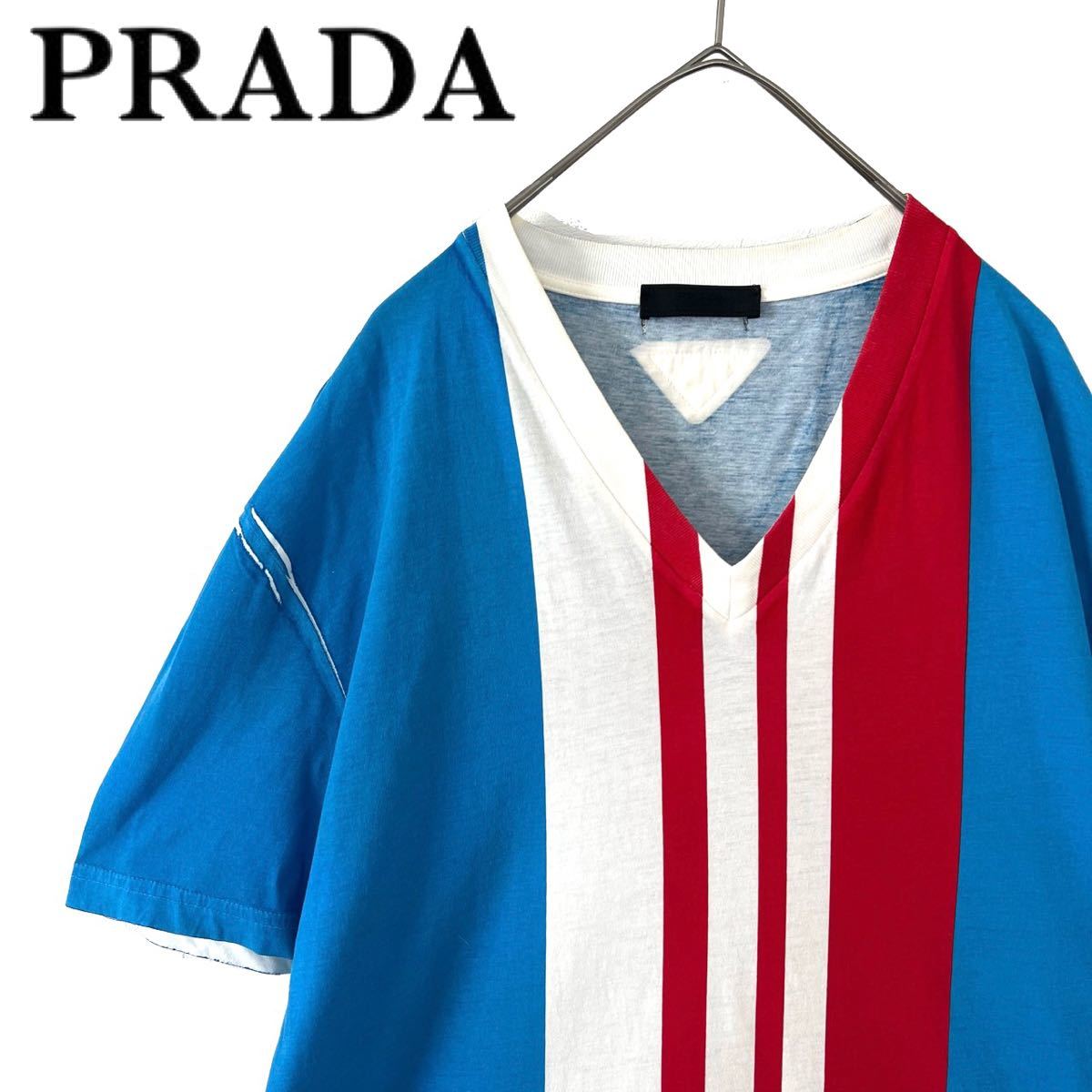 【送料無料】PRADA プラダ　三角ロゴ　ストライプ Tシャツ　半袖　メンズ　青　赤　ブルー　レッド　L