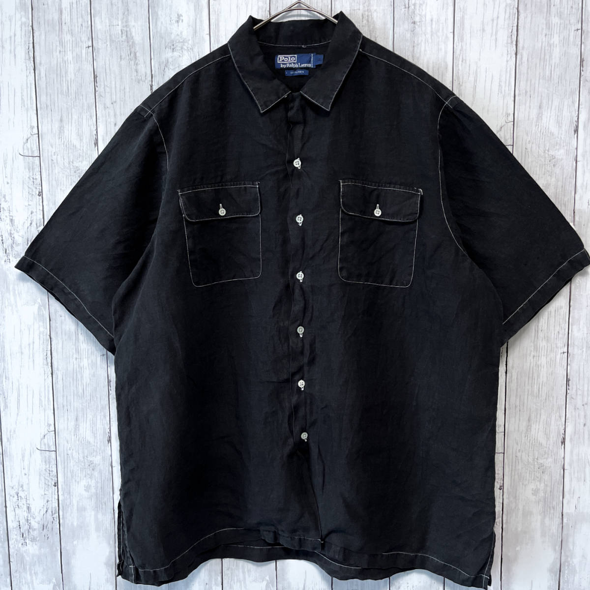ラルフローレン Ralph Lauren 半袖シャツ リネンシャツ オープンカラー オープンシャツ メンズ リネン100% XLサイズ 3‐495_画像1