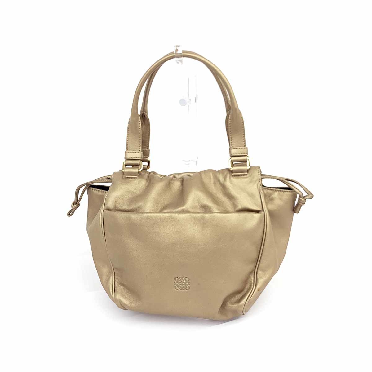 ◆LOEWE ロエベ トートバッグ◆ ゴールドカラー ナッパレザー アナグラム 巾着 ドローストリング レディース ハンド bag 鞄