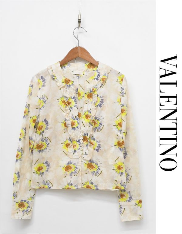 HGA-V139/美品 VALENTINO 長袖ブラウス ノーカラーシャツ 総柄 花柄 フリル 薄手 スキッパー 42/6 M ベージュ系 春夏 イタリア製_画像1