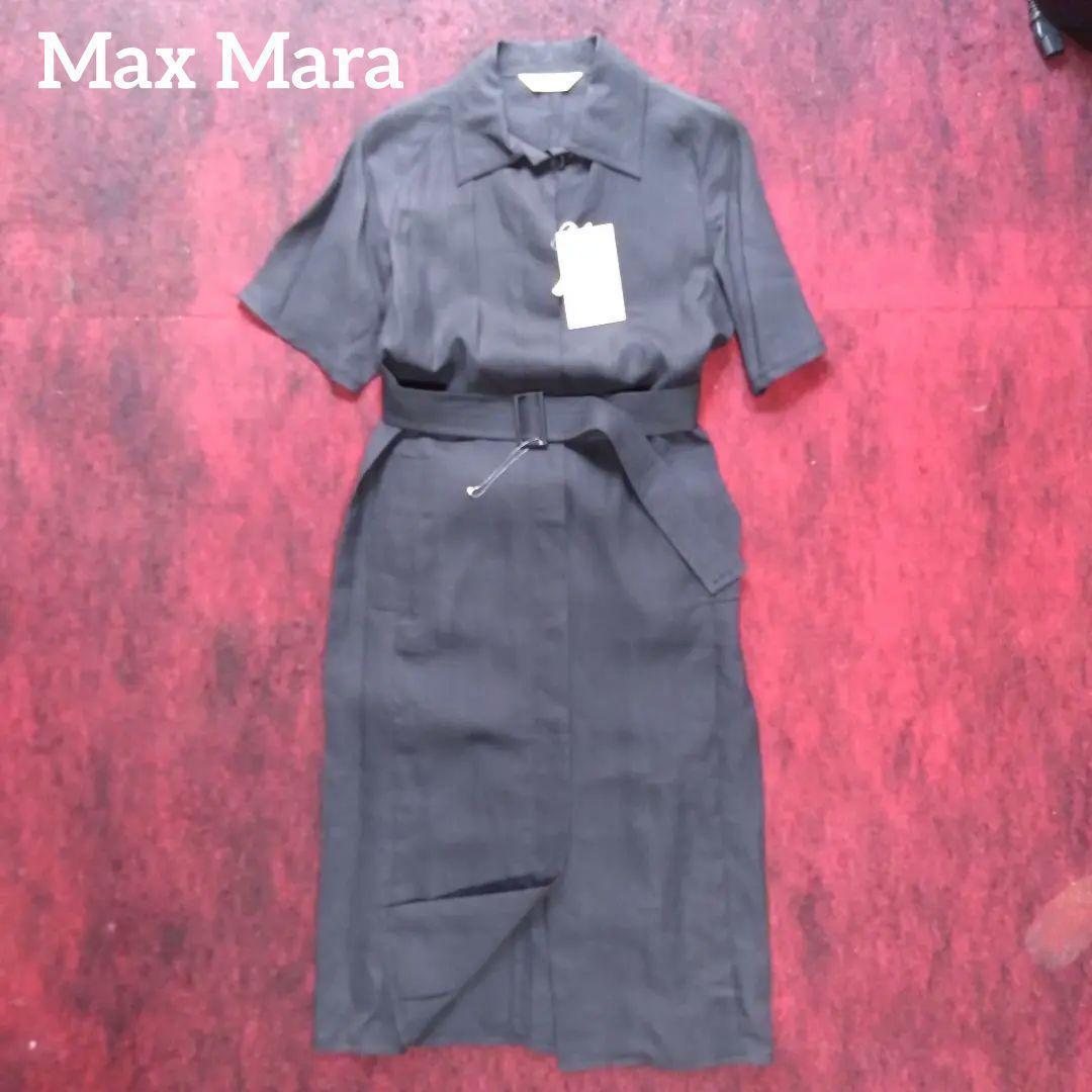 新品 MaxMara リネン 100％ ベルテッド ワンピース マックスマーラ 麻 ベルト付き ロングワンピ 黒 喪服 冠婚葬祭 Brandnew タグ付き