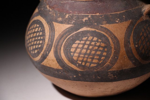 博物館展示品 来歴有 321 馬家窯文化彩陶双耳壺 高さ約12.8cm（検 