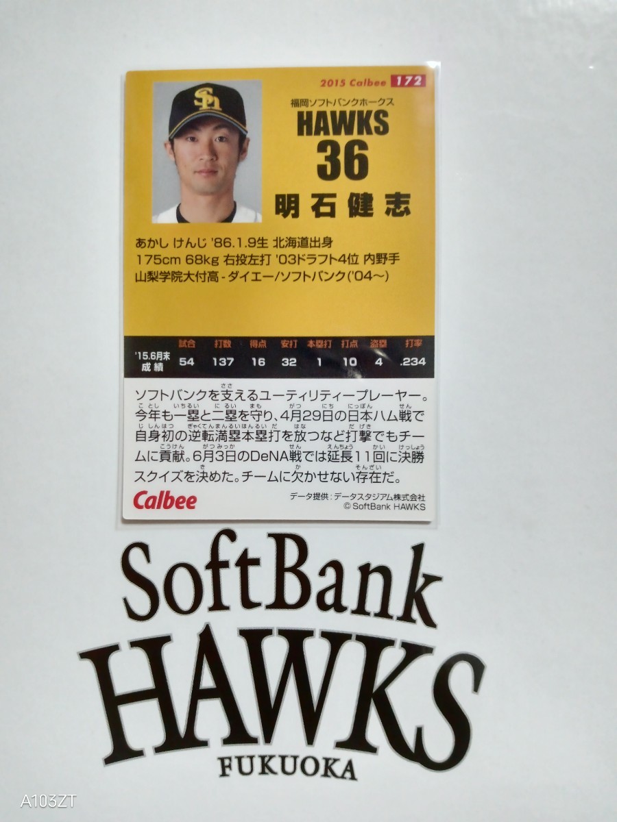 NPB カルビー プロ野球 チップス 2015年 第3弾 レギュラーカード 福岡ソフトバンクホークス 172 明石健志 背番号36 山梨学院大附属高校卒業_画像2