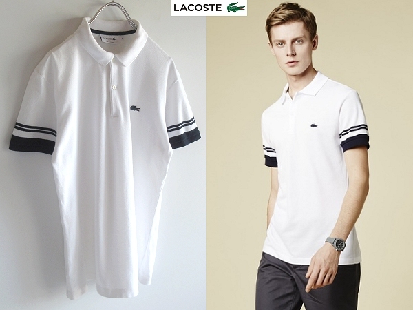 LACOSTE ラコステ PH8163 Made in France 青ワニ ロゴワッペン 袖ライン 鹿の子 ポロシャツ 4 ホワイト ネイビー フランス製 ネコポス対応_画像1