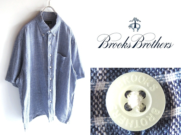 ネコポス対応 90s-00sビンテージ Brooks Brothers ブルックスブラザーズ チェック リネン ボックス BDシャツ XL ブルー 青 白 大きいサイズ