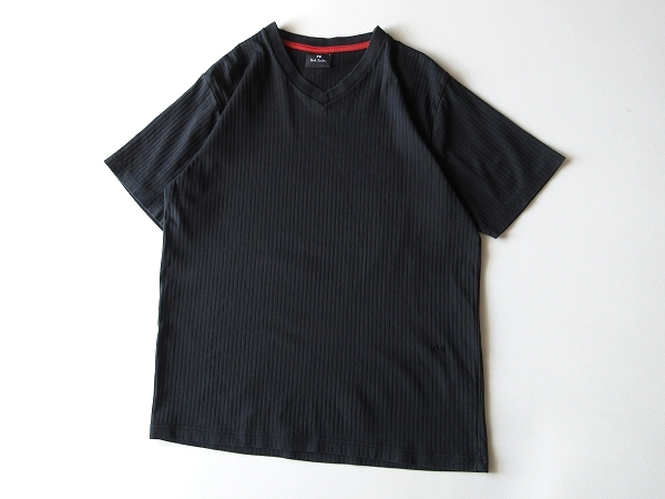 ネコポス対応 Paul Smith ポールスミス 2022SS PSロゴ刺繍 BROAD STITCH 針抜きリブ Vネック カットソー Tシャツ L 黒 ブラック_画像2