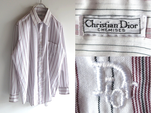 希少 USA製 80sビンテージ Christian Dior クリスチャンディオール ロゴ刺繍 ストライプシャツ ドレスシャツ バーガンディ ホワイト 白