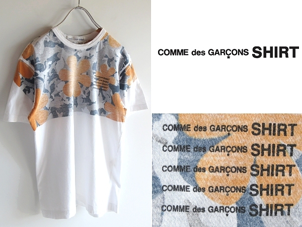 ネコポス可 COMME des GARCONS SHIRT コムデギャルソンシャツ 5段ロゴ フラワーアートプリント Tシャツ カットソー S 白 HOMME PLUS DEUX