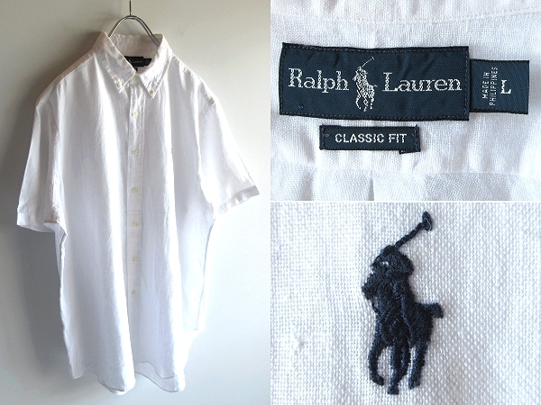  редкий 00s Vintage Ralph Lauren Ralph Lauren CLASSIC FIT Polo po колено Logo вышивка короткий рукав linen рубашка BD рубашка L белый кошка pohs возможно 